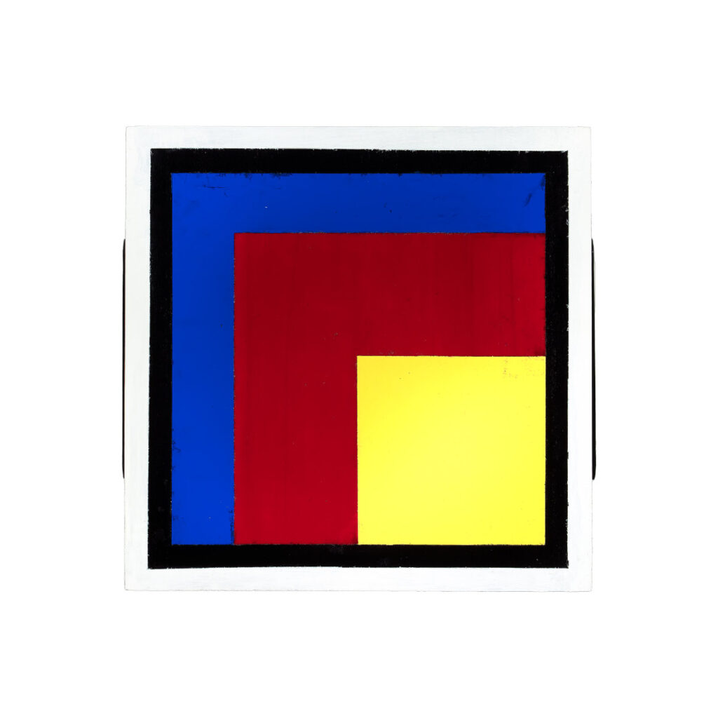 Wall sculpture S-019 by Richard Figueras: a square artwork with concentric squares in white, black, blue, red, and yellow, made of birch plywood with acrylic and nail polish, dated 6/20