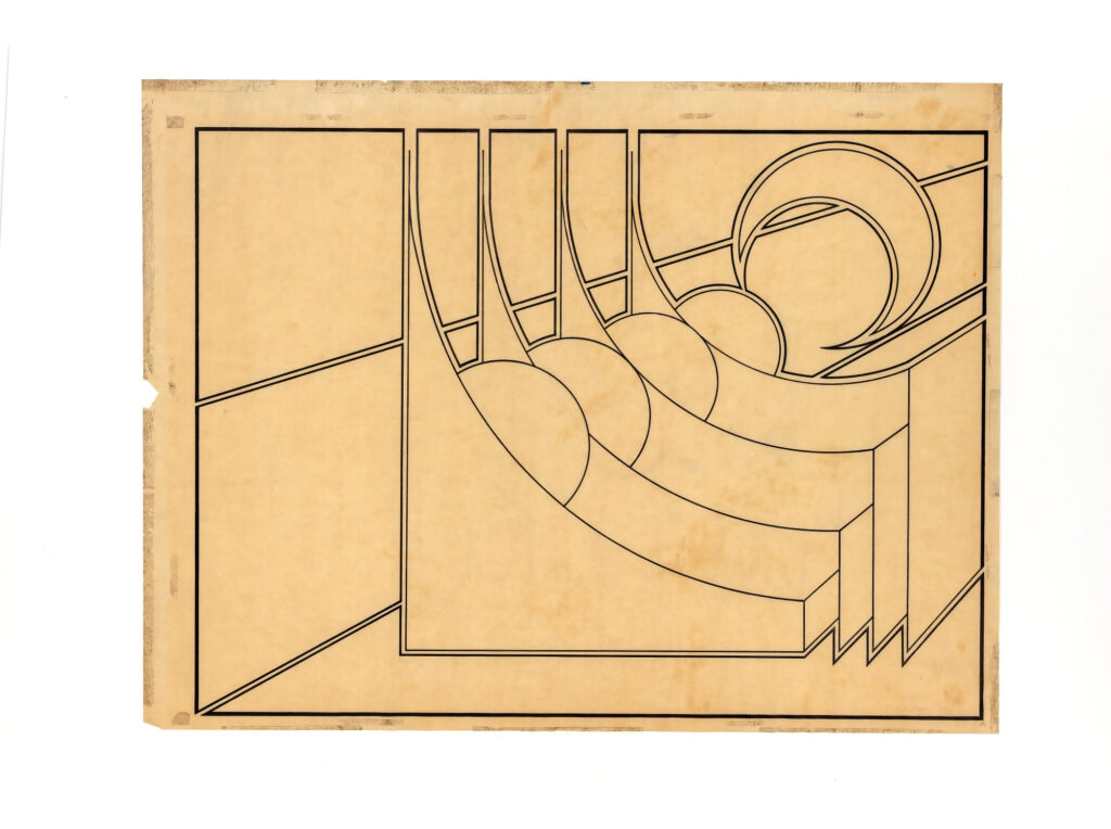 1973 abstract ink drawing on parchment featuring a series of curved and straight black lines forming geometric shapes within a rectangular border, the artist's oldest owned work.