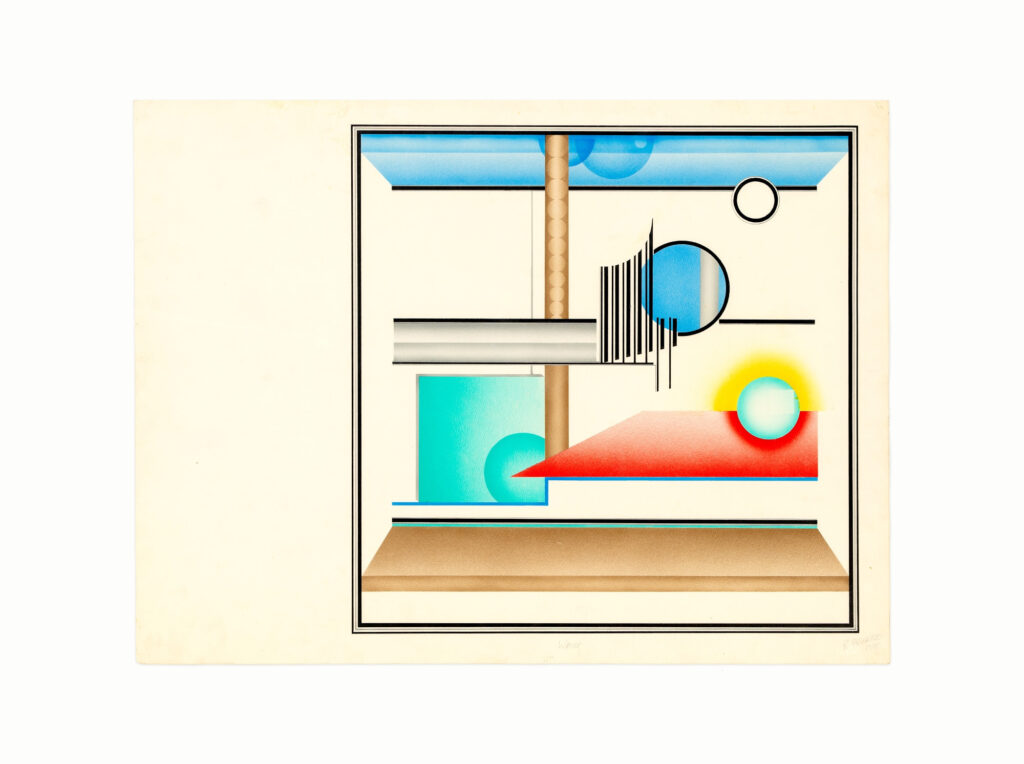 1974 abstract artwork titled 'Water' featuring geometric shapes in blue, red, and brown tones, created with ink and airbrush on paper