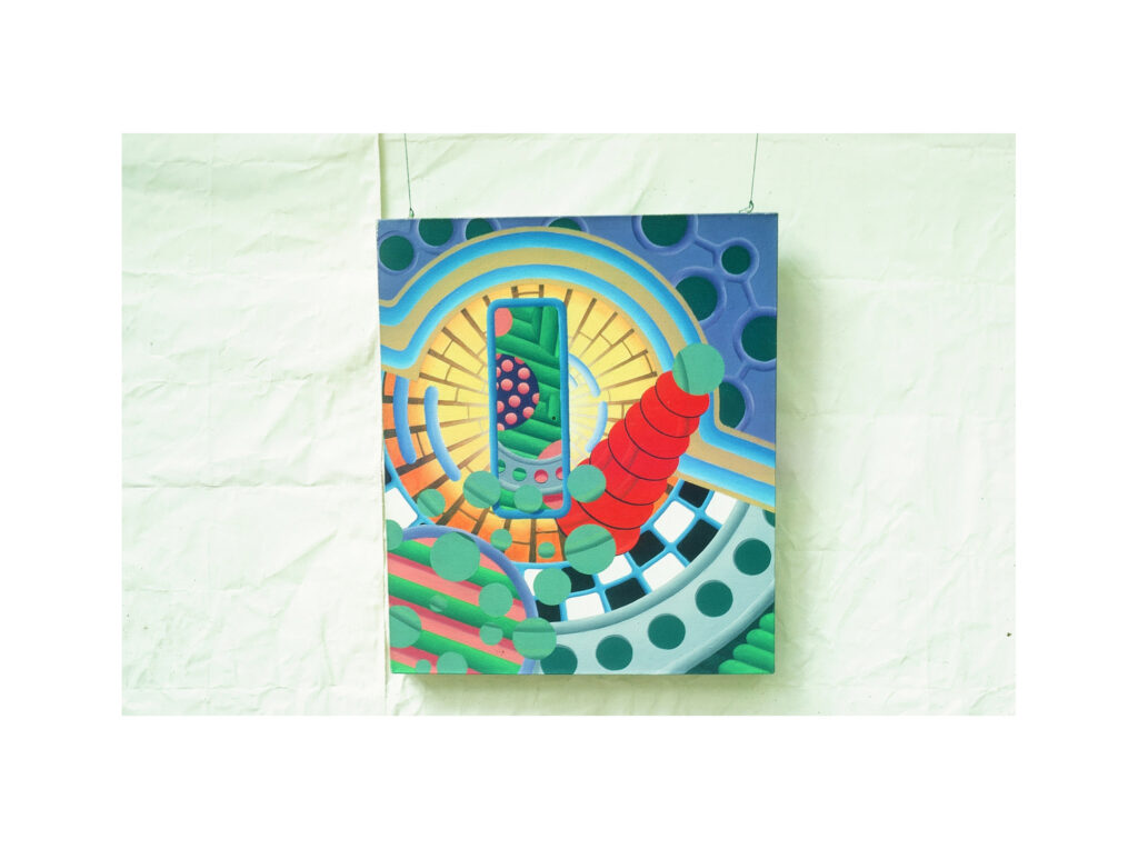 The 1976 acrylic on canvas painting 'The Harlequin' featuring colorful geometric abstract art shapes including circles and curved lines in blue, green, red, and yellow hues, illustrating the artist's shift away from blended colors to minimalist pattern work.