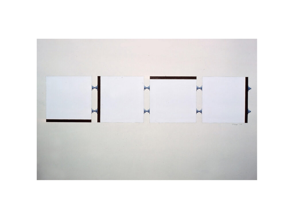 Four white square panels painting connected horizontally by visible hardware, mounted on a neutral background, representing a 1978 acrylic on paper study for a planned stretched canvas and hardware piece.