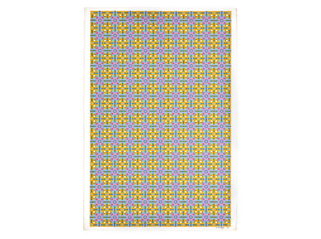 1980 painting titled "Untitled" featuring a colorful, intricate geometric pattern of interwoven squares and floral shapes in yellow, blue, pink, and green, reflecting a return to pattern work with pen and ink techniques