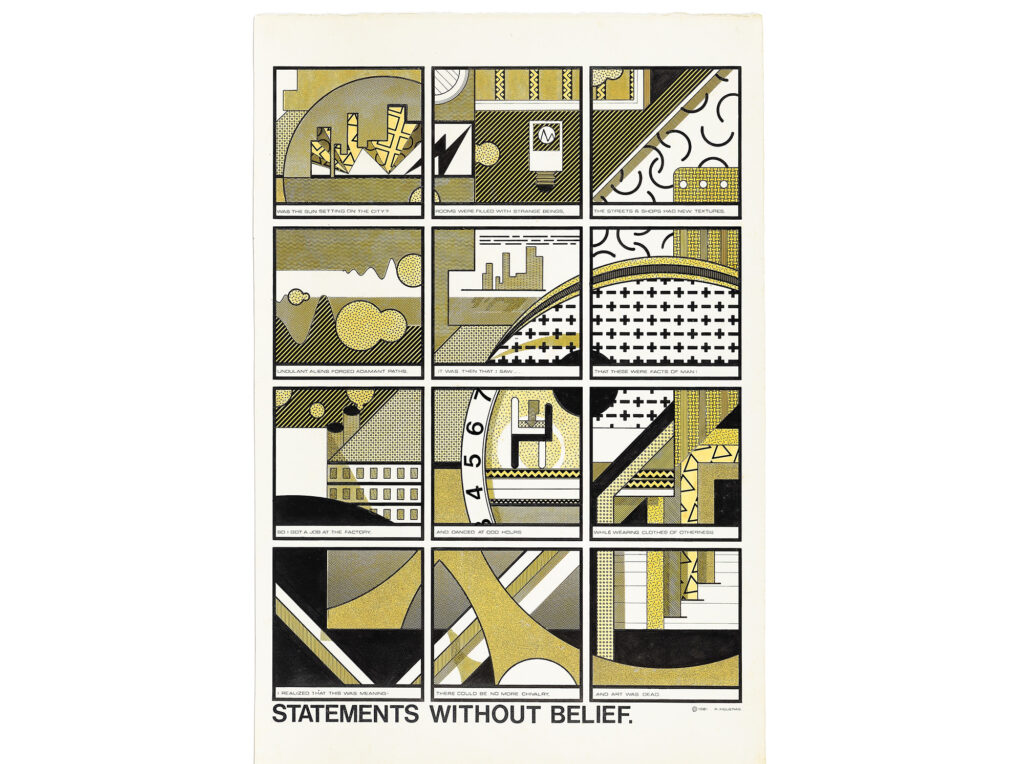A 1981 artwork titled 'Statements Without Belief' consisting of a 12-panel comic-style grid with geometric abstract art shapes and muted yellow, black, and gray tones, accompanied by narrative captions exploring urban alienation and industrial life.