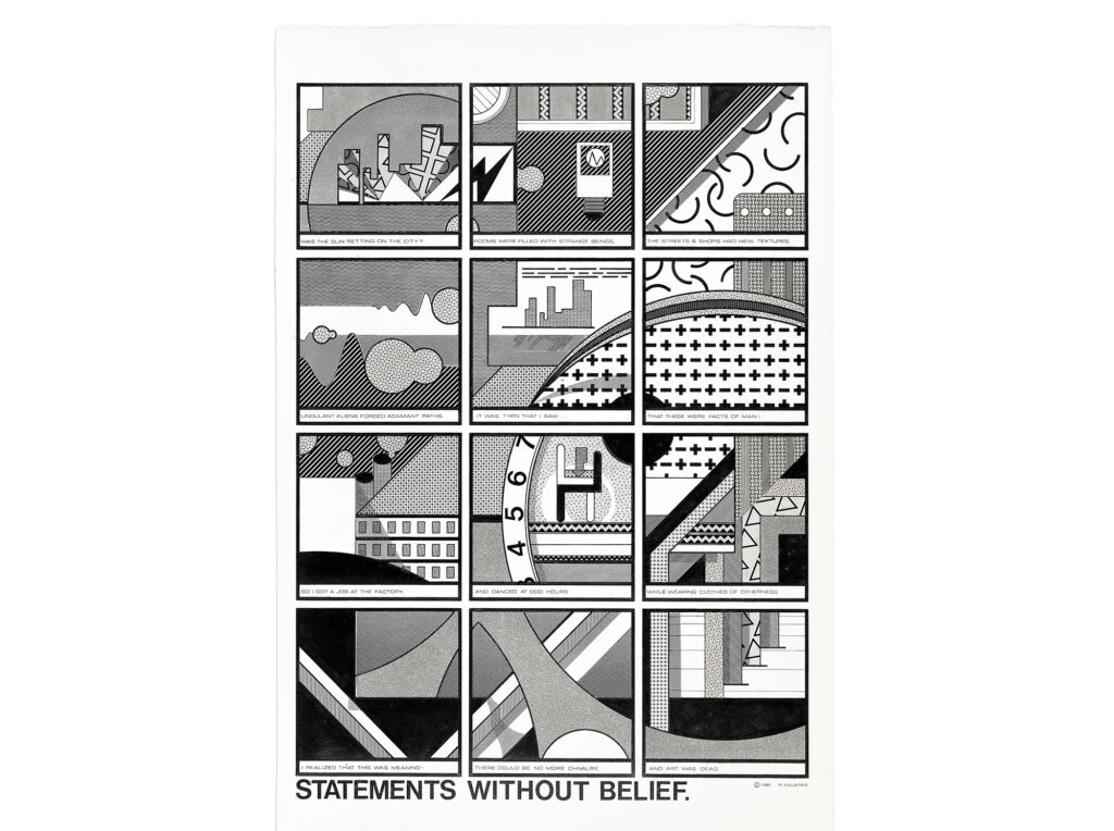 Black and white abstract artwork divided into twelve squares, each featuring geometric shapes, patterns, and stylized cityscapes, with text captions narrating a surreal story ending with "Statements Without Belief."