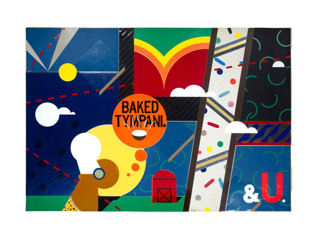 Colorful 1981 artwork titled "Baked Tympani" featuring geometric shapes, a stylized profile of a person with a chef's hat, abstract patterns, and text elements including 'BAKED TYMPANI.' and '& U.'