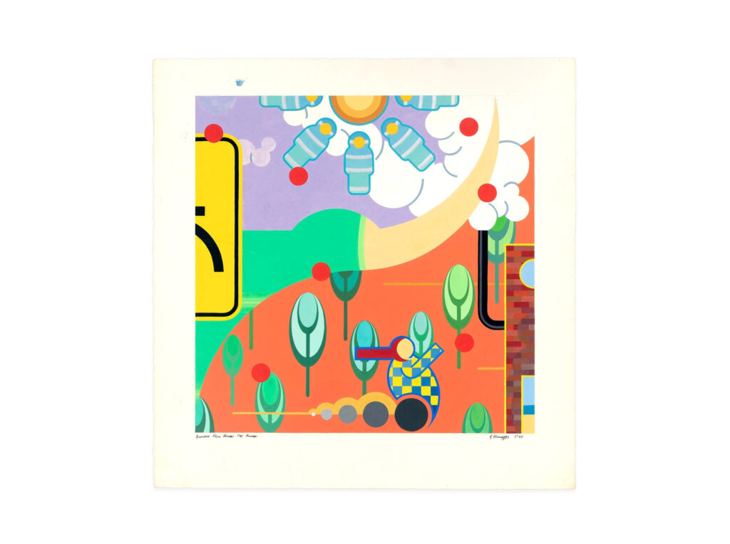 Colorful abstract art gouache painting titled 'Running from Heman the Human' featuring stylized trees, a yellow and blue checkered figure, and a bright sun with clouds and mechanical shapes above an orange and green landscape.