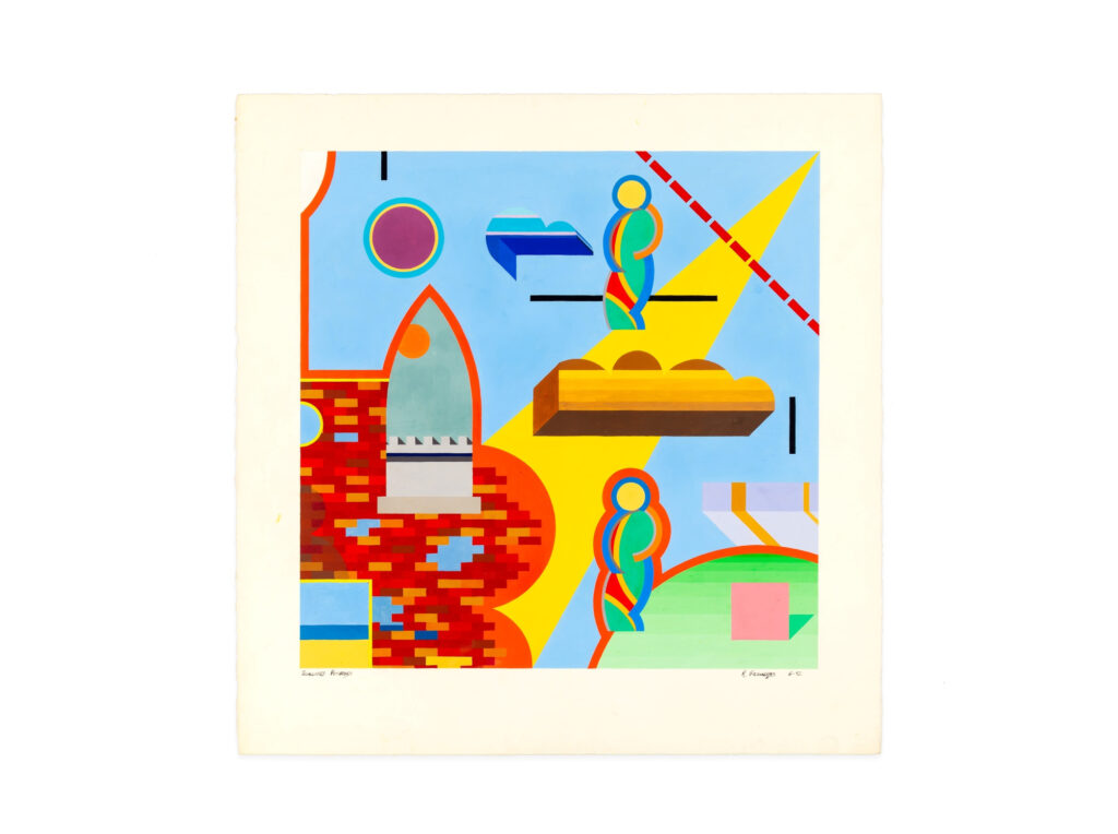 Abstract painting titled 'Scalloped Potatoes' from 1982 featuring geometric shapes and colorful stylized human figures against a bright blue and yellow background