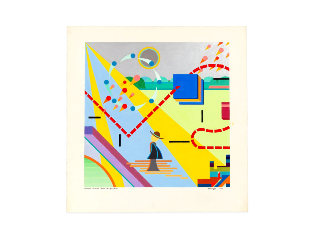 Colorful abstract art 1982 gouache painting 'Commodore Omnivore Ponders the Base Poetic' featuring geometric shapes, colorful dots, red dashed lines, and a stylized figure wearing a hat against a bright background.