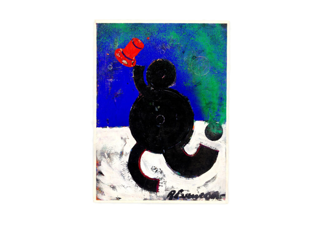 Abstract painting 1983 featuring a large black circular figure with a smaller circle on top, holding a red top hat against a blue and green background, signed by the artist.