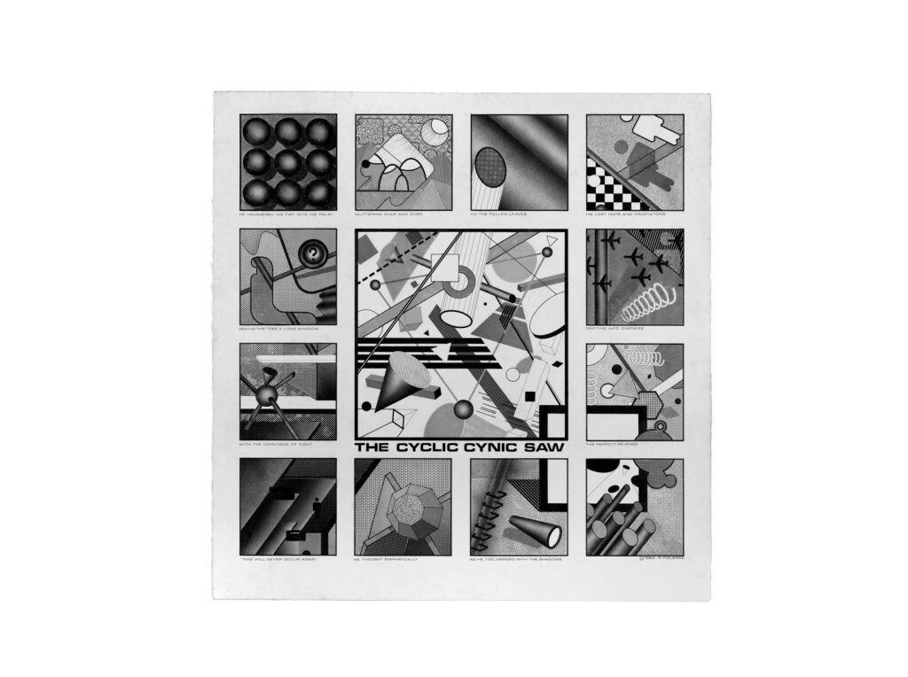 Black-and-white abstract artwork titled "The Cyclic Cynic Saw" featuring a central complex geometric composition surrounded by 14 smaller panels, each with distinct abstract shapes and captions like "He hammered his fist into his palm" and "Drifting into oneness."
