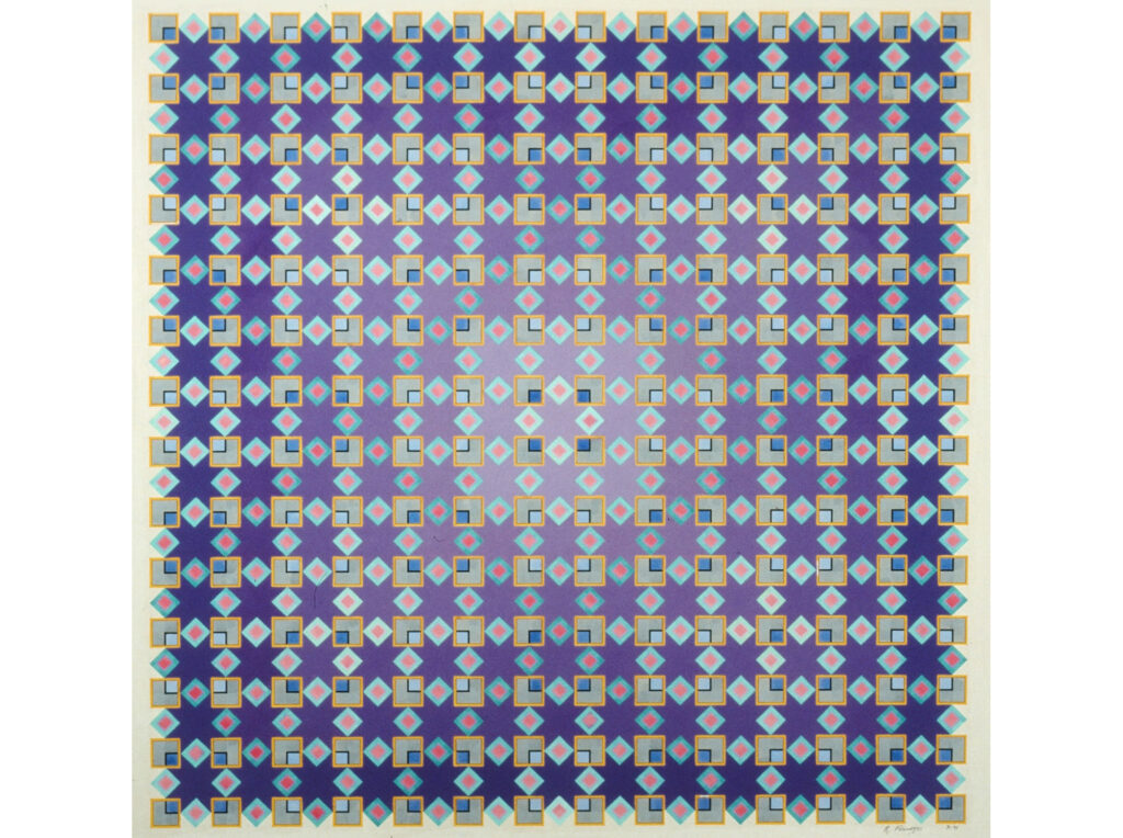 A 1991 acrylic on paper painting by Richard Figueras featuring a repeating geometric pattern of small squares and diamonds in purple, pink, turquoise, and gold on a white background, illustrating his exploration of pattern art.