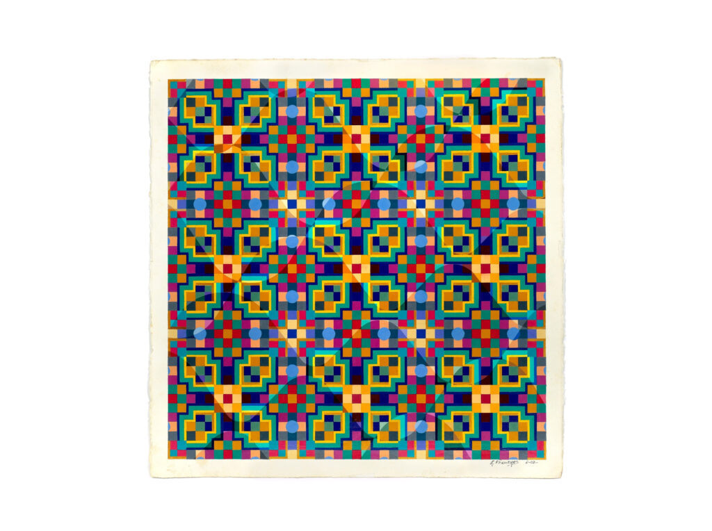 Abstract painting from 2002 featuring a colorful geometric pattern of interlocking squares and circles in yellow, red, blue, green, and purple on paper