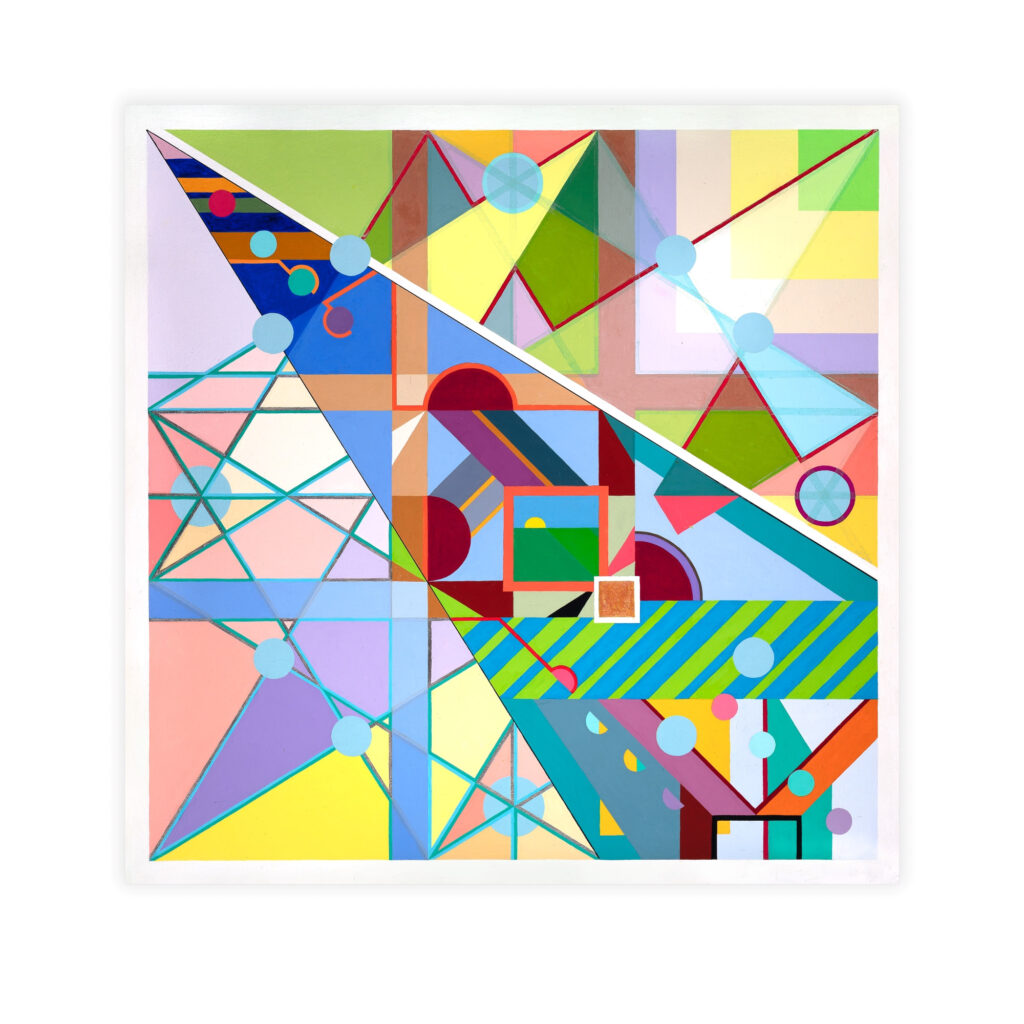 A square acrylic painting titled "Little Landscape 1" featuring a complex arrangement of geometric shapes, including triangles, circles, and rectangles in pastel and bright colors with intersecting lines and layered patterns.