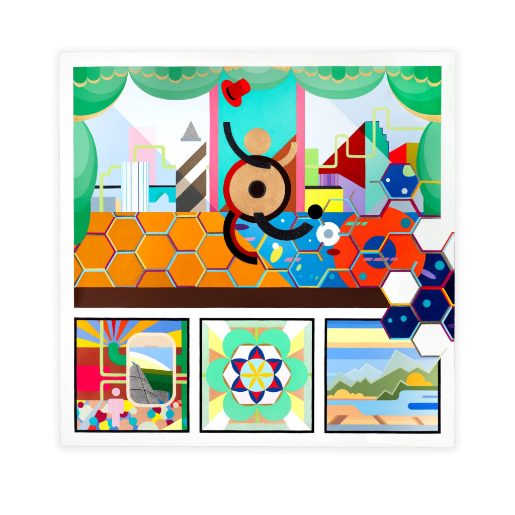 Abstract acrylic painting titled 'The Ventriloquist' featuring a geometric, colorful composition with hexagonal patterns, circular shapes, and three smaller framed images below depicting a cityscape, a geometric flower, and a mountainous landscape with a sunset.