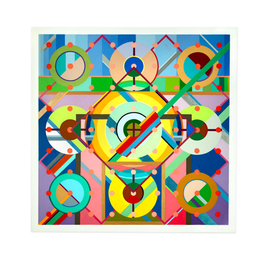 Abstract acrylic painting titled 'Ennead' featuring a symmetrical geometric composition with circles, lines, and diamond shapes in bright colors like yellow, green, blue, red, and purple on a 29x29 inch board.