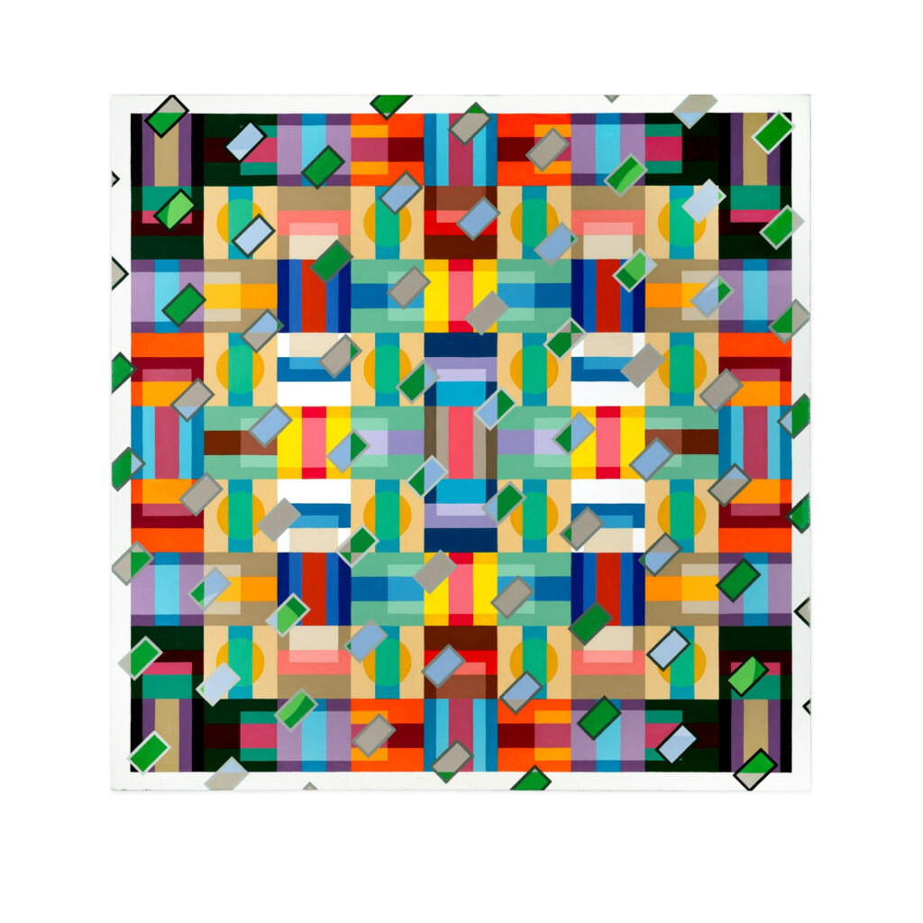 Abstract acrylic painting titled "Quartet IV (IV of IV)" featuring a symmetrical grid of colorful geometric shapes including rectangles, circles, and diagonally placed rhombuses in green, gray, and blue hues.