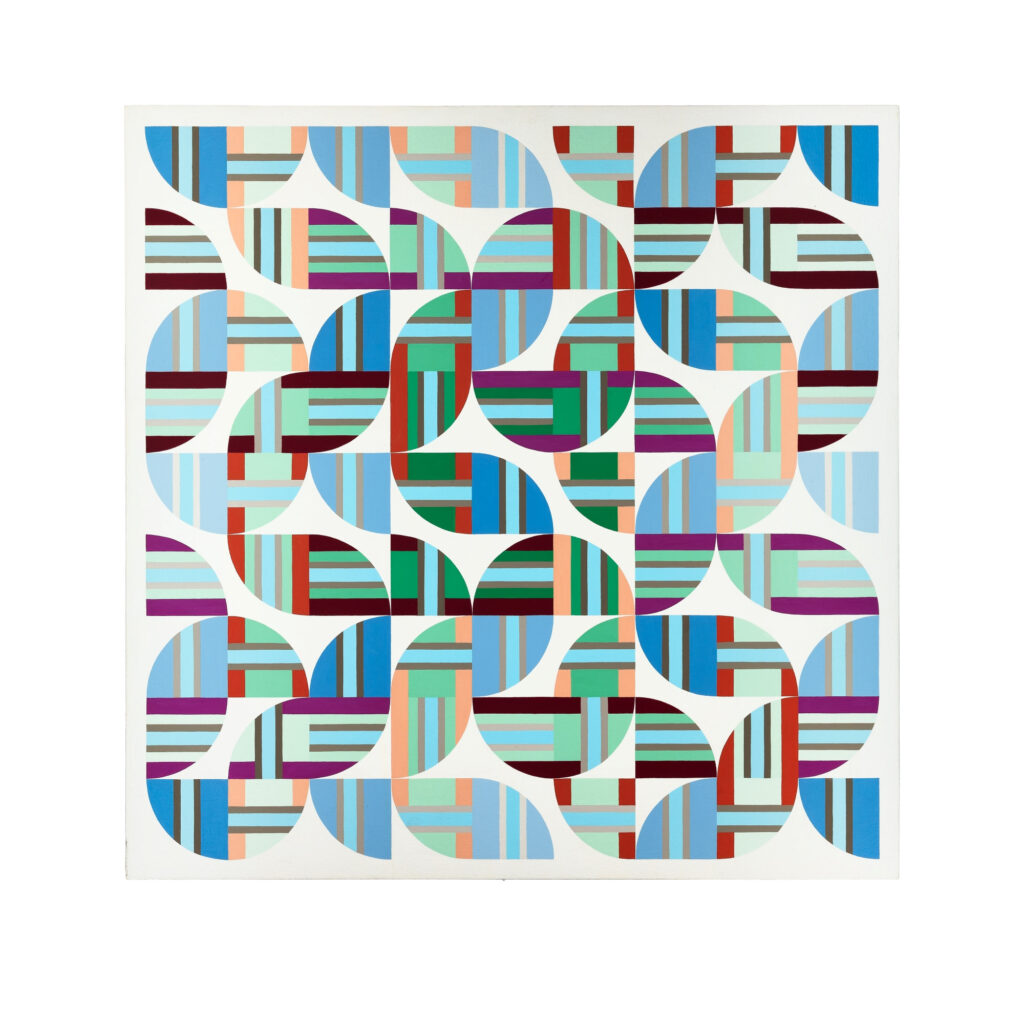 Abstract painting 'Quartet I (I of IV)' with a grid of leaf-shaped segments filled with alternating vertical and horizontal stripes in blues, greens, reds, and purples on a white background