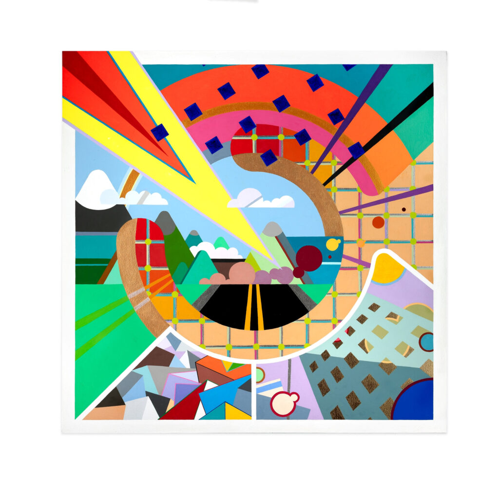 Abstract acrylic painting titled 'Peckerhead vs, Clamp-Hand' featuring a large yellow and red lightning bolt, geometric shapes including a spiraling grid, mountainous landscape, and stylized road converging at the center.