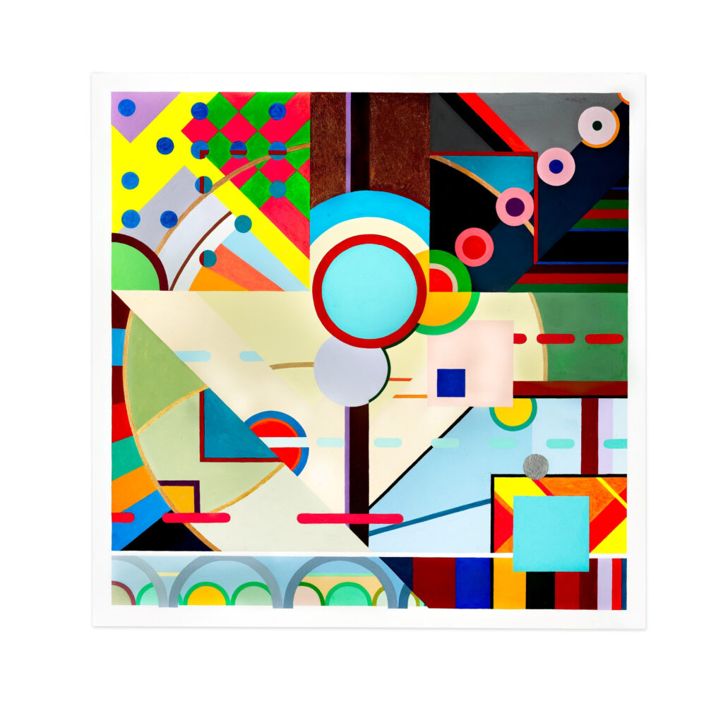 Abstract acrylic painting titled 'Untitled' by Richard Figueras featuring geometric shapes, circles, lines, and vibrant colors arranged in a dynamic composition on a 29 x 29 inch board.