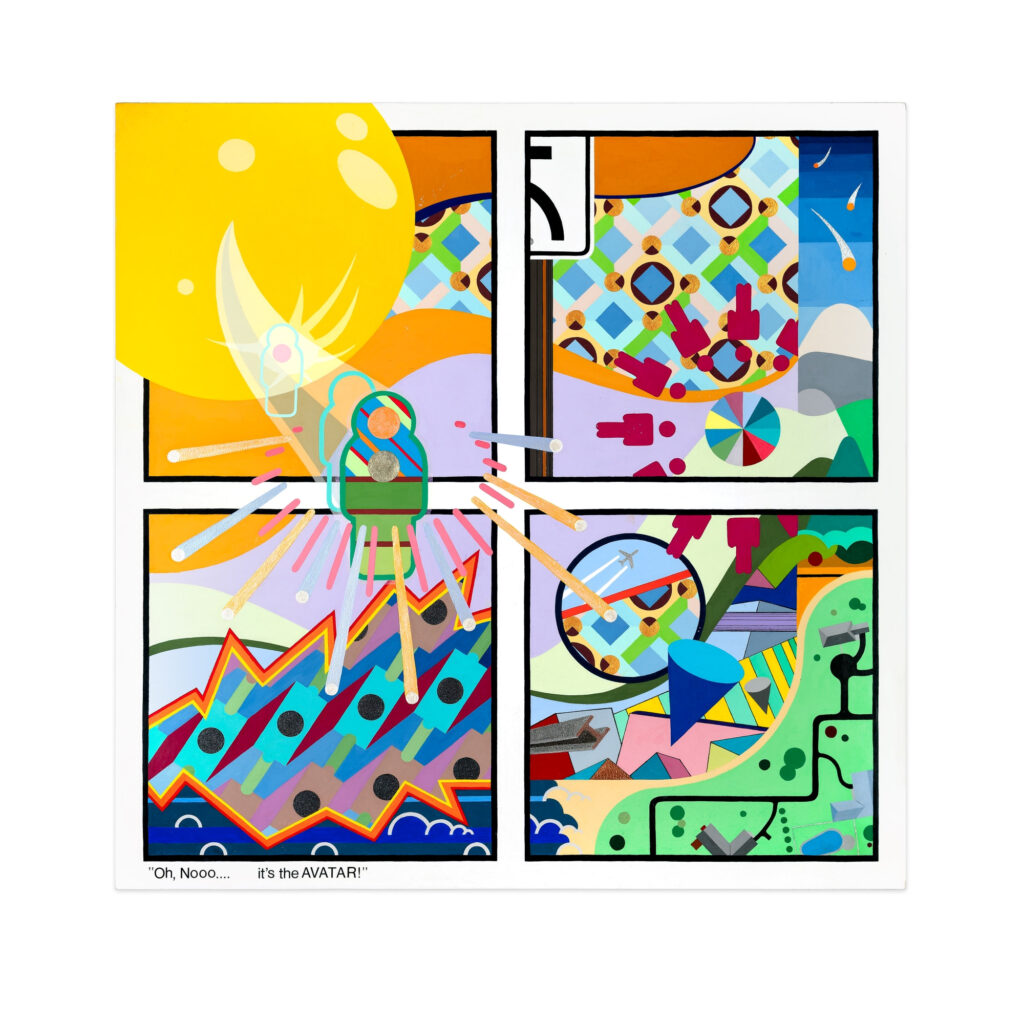A colorful acrylic painting titled 'The Avatar' showing four comic-style panels with abstract geometric shapes, patterns, and a central green figure emitting rays against a bright yellow orb, with the caption 'Oh, Nooo.... it's the AVATAR!'