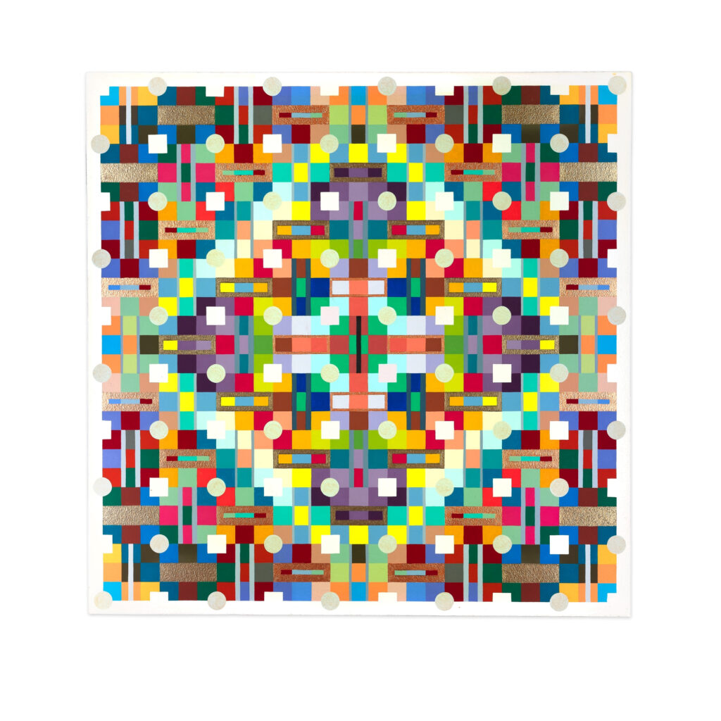 Quartet III acrylic painting on board, featuring a symmetrical grid of vibrant vertical and horizontal bands in blues, greens, yellows, reds, and metallic gold accents, sized 29x29x2-1/4 inches, dated 4/05.