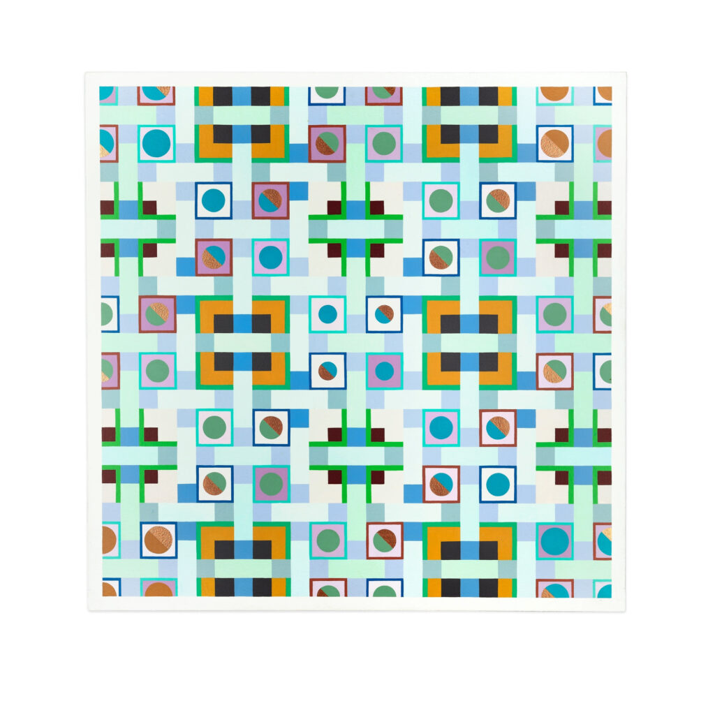 Quartet II (II of IV), an acrylic painting on board measuring 29x29x2-1/4 inches, featuring a geometric pattern with repeating squares, circles, and vertical and horizontal bands in blue, green, orange, and brown hues.