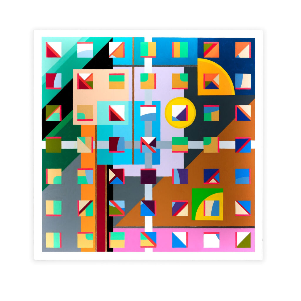 Abstract acrylic painting titled "Twice-Told Tales" featuring a grid of colorful geometric shapes including squares, triangles, and circles in vibrant hues of blue, green, yellow, orange, pink, and red on a white background.