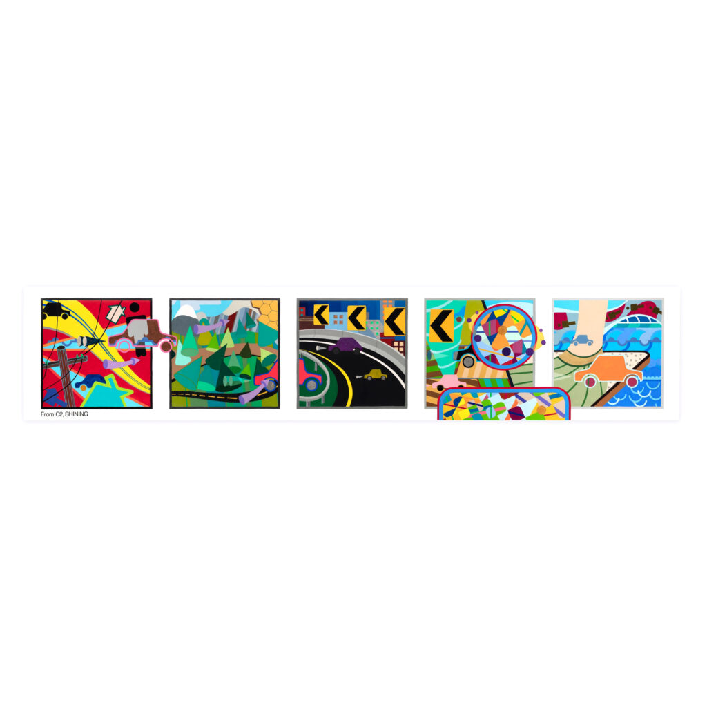 A horizontal series of five colorful acrylic paintings on board, depicting abstract art and geometric shapes including landscapes, roads with directional signs, and various shapes in vibrant colors, titled 'From See to Shining See', measuring 12 x 60 x 2-1/4 inches, created in 2019 by Richard Figueras.