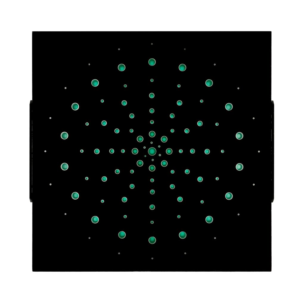 M-001 wall sculpture by Richard Figueras, featuring a square birch plywood panel with an array of green Styrene tubes arranged in concentric circular patterns on a black background