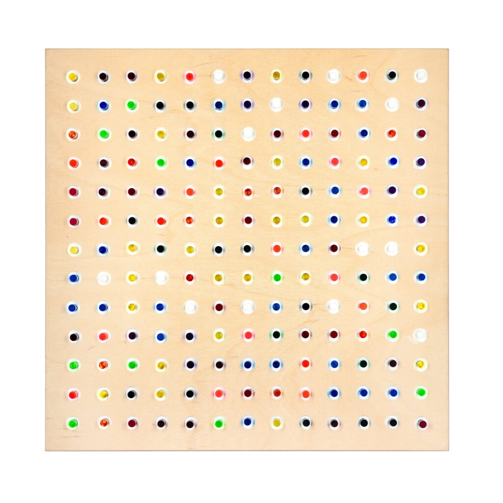 Wall sculpture titled M-006 by Richard Figueras, a 14 x 14-1/4 x 2 inch birch plywood panel with numerous small, colorful acrylic rods arranged in a grid pattern