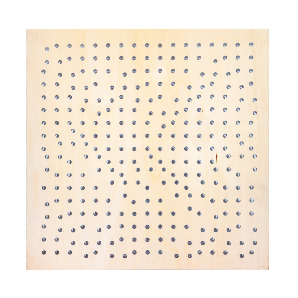 Wall sculpture titled M-007: a rectangular birch plywood piece with a grid of evenly spaced small holes filled with acrylic rods, creating a patterned texture.