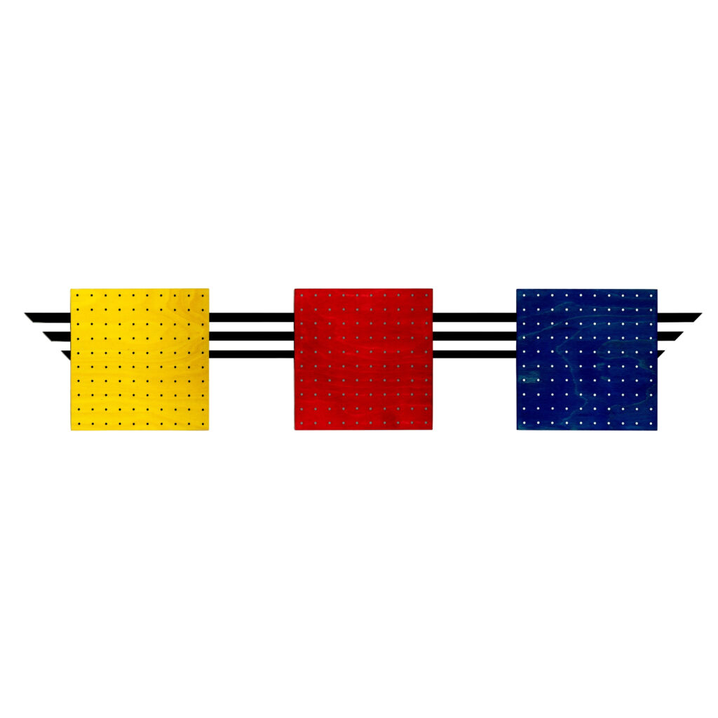Wall sculpture titled M-008 by Richard Figueras featuring three square panels in yellow, red, and blue with evenly spaced holes, connected by four horizontal black rods