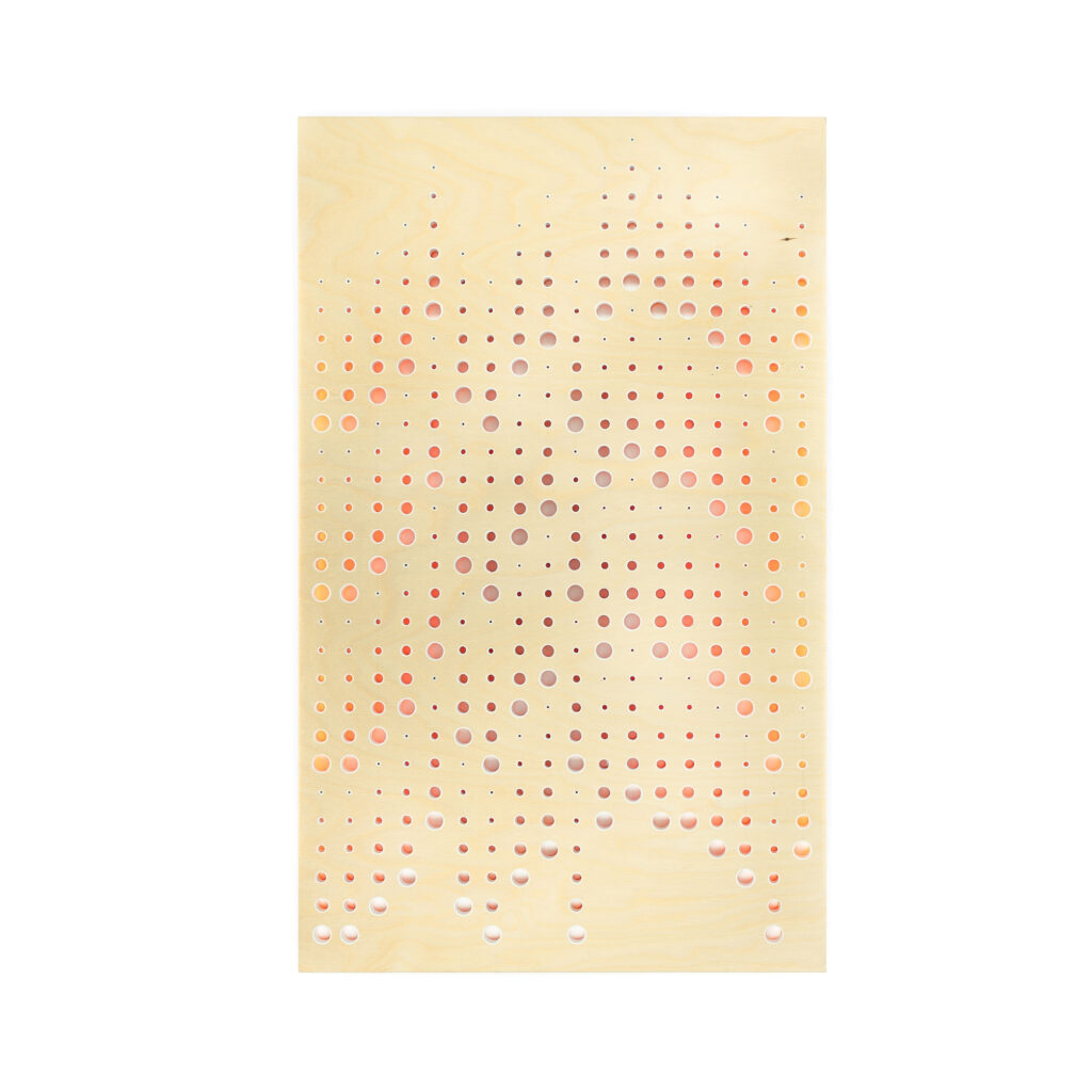 Wall sculpture titled S-015 made of birch plywood with evenly spaced black steel dowels arranged in a grid pattern on a square wooden panel