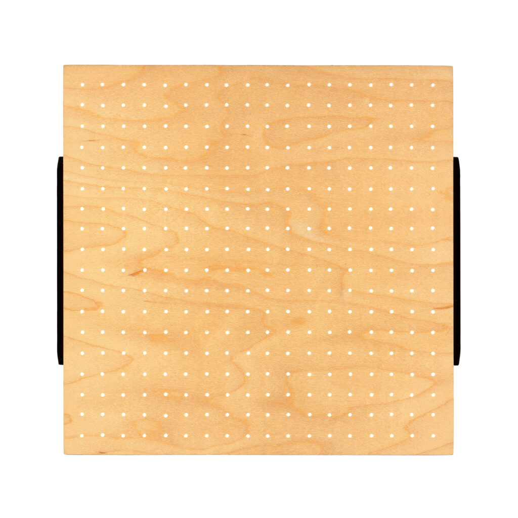 Wall sculpture titled S-001 by Richard Figueras, made of birch plywood with Styrene, showing a square wooden panel with evenly spaced small circular holes, photographed against a white background.