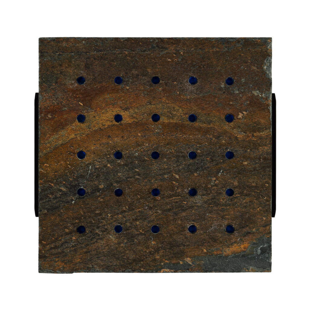 Wall sculpture titled 'S-014' made from slate featuring a 5x5 grid of evenly spaced small circular acrylic rods embedded in the surface, dated 8/15 and measuring 7-1/2 x 7-3/4 x 1 inches.