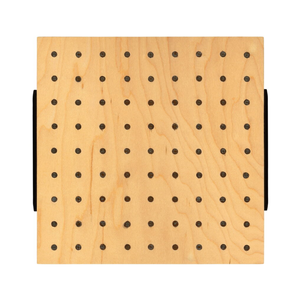 Wall sculpture titled S-015 made of birch plywood with evenly spaced black steel dowels arranged in a grid pattern on a square wooden panel