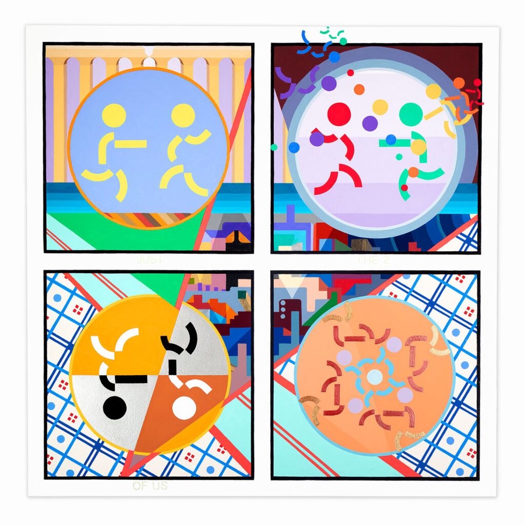 Abstract painting divided into four square panels, each featuring stylized human-like figures and geometric shapes in vibrant colors, illustrating visual rhythms and diverse interactions, reflecting the artist Richard Figueras's exploration of lines, circles, and color.