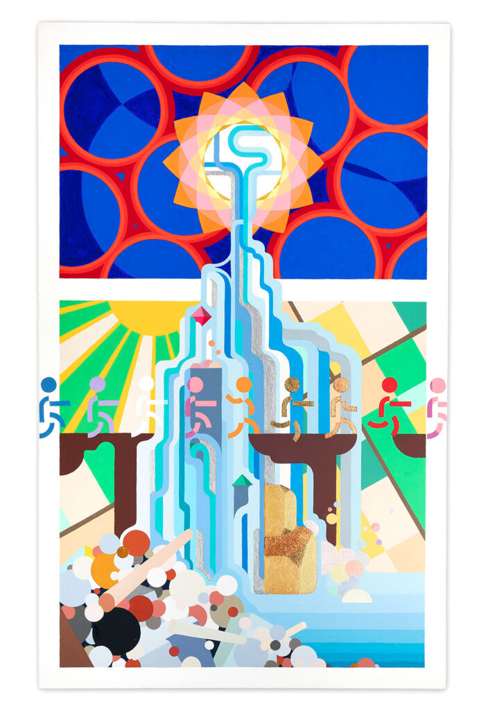 Abstract acrylic painting titled 'The Birth of Water' featuring a central cascading blue fountain-like structure with stylized human figures running across horizontal platforms, a radiant sun in the background, and a pattern of red-ringed blue circles at the top.