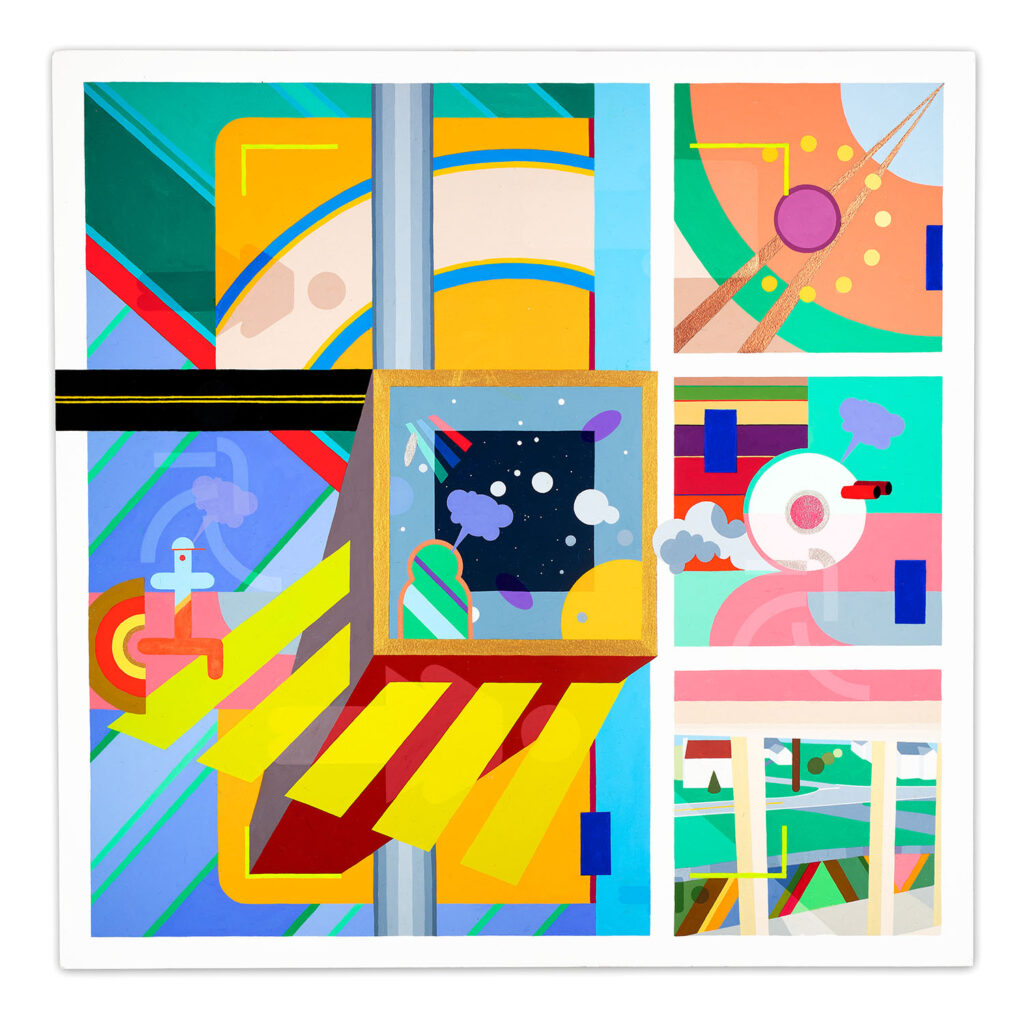 Abstract acrylic painting titled 'Ghosts' featuring geometric shapes, bright blocks of color, and multiple panels with patterns including circles and lines, measuring 29 x 29 x 2-1/4 inches.